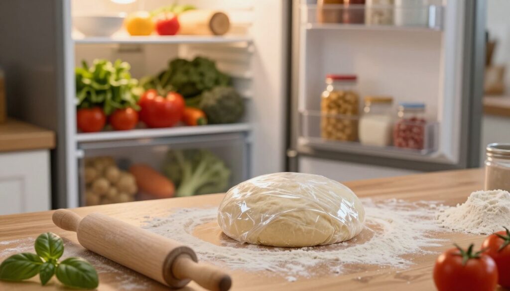 A cozy and inviting kitchen scene showcasing a well-organized fridge, prominently displaying a perfect round ball of pizza dough wrapped in plastic wrap. The foreground features a wooden countertop with a floured surface, a rolling pin, and a few scattered ingredients like flour, basil, and tomatoes, hinting at pizza preparation. In the background, the fridge door is slightly ajar, revealing fresh vegetables and other items arranged neatly, bathed in warm, soft lighting that creates a homely atmosphere. A sense of anticipation fills the air, capturing the essence of preparing pizza dough in advance. The image is framed from an angle that emphasizes both the dough and the fridge, using a shallow depth of field to focus on the vibrant details while keeping the background pleasantly blurred. A cozy and inviting kitchen scene showcasing a well-organized fridge, prominently displaying a perfect round ball of pizza dough wrapped in plastic wrap. The foreground features a wooden countertop with a floured surface, a rolling pin, and a few scattered ingredients like flour, basil, and tomatoes, hinting at pizza preparation. In the background, the fridge door is slightly ajar, revealing fresh vegetables and other items arranged neatly, bathed in warm, soft lighting that creates a homely atmosphere. A sense of anticipation fills the air, capturing the essence of preparing pizza dough in advance. The image is framed from an angle that emphasizes both the dough and the fridge, using a shallow depth of field to focus on the vibrant details while keeping the background pleasantly blurred.