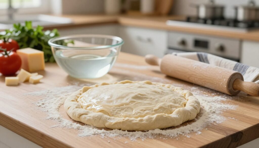 A cozy kitchen scene capturing the essence of quick pizza dough thawing methods without a microwave. In the foreground, a wooden countertop displays a large ball of frozen pizza dough, partially thawed and slightly glistening, surrounded by flour dust. In the middle, a bowl of warm water is placed next to the dough, with a clean kitchen towel draped over one edge. A rolling pin lies nearby, hinting at preparation. In the background, there’s a well-lit kitchen with soft, natural light illuminating fresh ingredients like tomatoes, cheese, and herbs. The atmosphere is warm and inviting, suggesting a sense of urgency yet comfort, as if someone is eagerly preparing for a homemade pizza night.