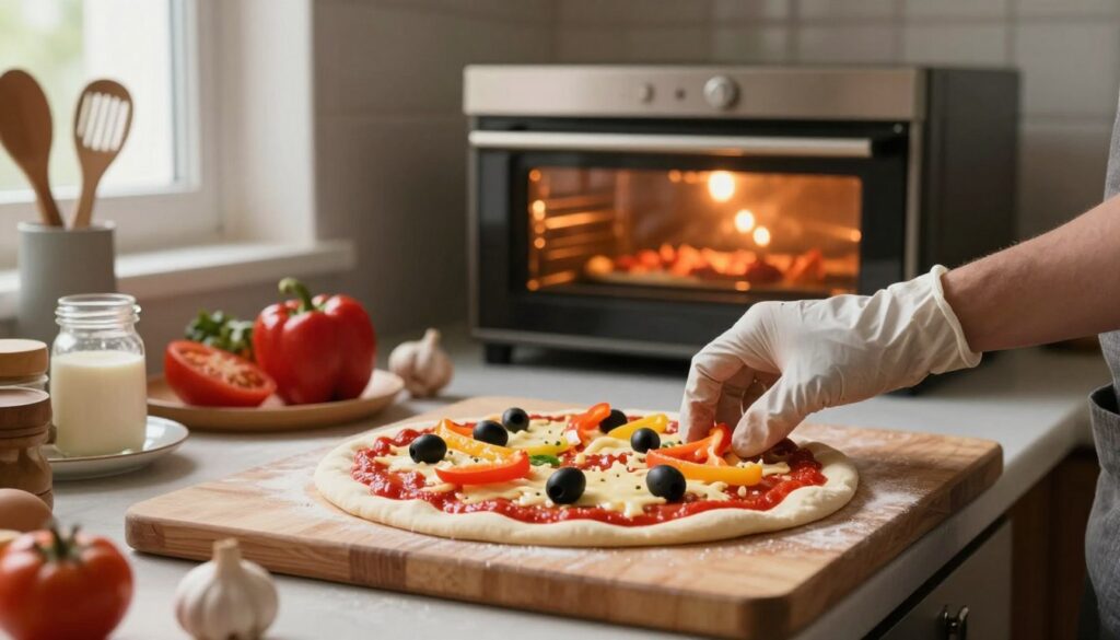 A cozy kitchen scene featuring a countertop with various pizza preparation ingredients. In the foreground, a wooden cutting board displays a freshly rolled pizza dough topped with vibrant tomato sauce, generous layers of melted cheese, and colorful toppings like bell peppers and olives. A hand, wearing a neat kitchen glove, gently adjusts the ingredients, ensuring a perfect balance. In the middle ground, a preheated oven glows warmly, hinting at the ideal temperature for baking. The background shows neatly organized kitchen utensils and a window letting in soft, natural light, enhancing the inviting atmosphere. The overall mood is warm, focused, and inviting, capturing the essence of pizza preparation with care to ensure a crispy crust without drying out.