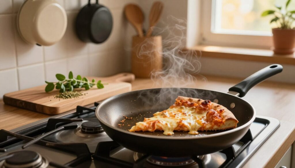 A cozy kitchen scene focused on a frying pan on a stovetop, featuring a delicious slice of pizza being reheated. In the foreground, the frying pan showcases the pizza slice, with melted cheese and slightly crispy edges. The middle ground includes a wooden cutting board displaying a few herbs and a sprinkle of oregano for garnish. The background shows a warm, inviting kitchen with soft, ambient lighting, highlighting pots hanging on the wall and a window letting in natural sunlight. The atmosphere is homey and inviting, suggesting a sense of comfort and culinary delight, with a slight steam rising from the pizza to evoke a sense of warmth. Use a slightly overhead angle to capture all elements clearly.