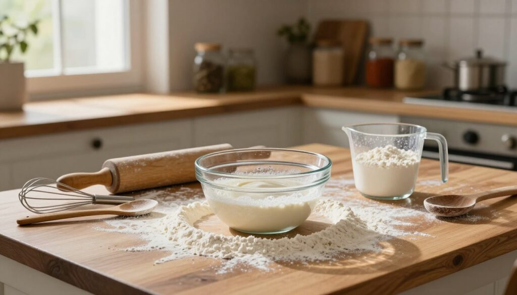 A cozy kitchen scene focused on the preparation of pizza dough starter, emphasizing the essential ingredients such as warm water, yeast, and flour. In the foreground, a wooden countertop scattered with flour, a glass bowl with bubbling yeast mixture, and a measuring cup with flour waiting to be added. The middle ground features a well-used rolling pin and a few hand tools scattered nearby like a whisk and a wooden spoon. Soft, natural light streams in from a nearby window, highlighting the textures of the flour and the warm wood surfaces. In the background, a rustic kitchen with shelves filled with jars of spices and dried herbs, creating an inviting and homey atmosphere. The overall mood is warm, inviting, and conducive to the art of baking. A cozy kitchen scene focused on the preparation of pizza dough starter, emphasizing the essential ingredients such as warm water, yeast, and flour. In the foreground, a wooden countertop scattered with flour, a glass bowl with bubbling yeast mixture, and a measuring cup with flour waiting to be added. The middle ground features a well-used rolling pin and a few hand tools scattered nearby like a whisk and a wooden spoon. Soft, natural light streams in from a nearby window, highlighting the textures of the flour and the warm wood surfaces. In the background, a rustic kitchen with shelves filled with jars of spices and dried herbs, creating an inviting and homey atmosphere. The overall mood is warm, inviting, and conducive to the art of baking.
