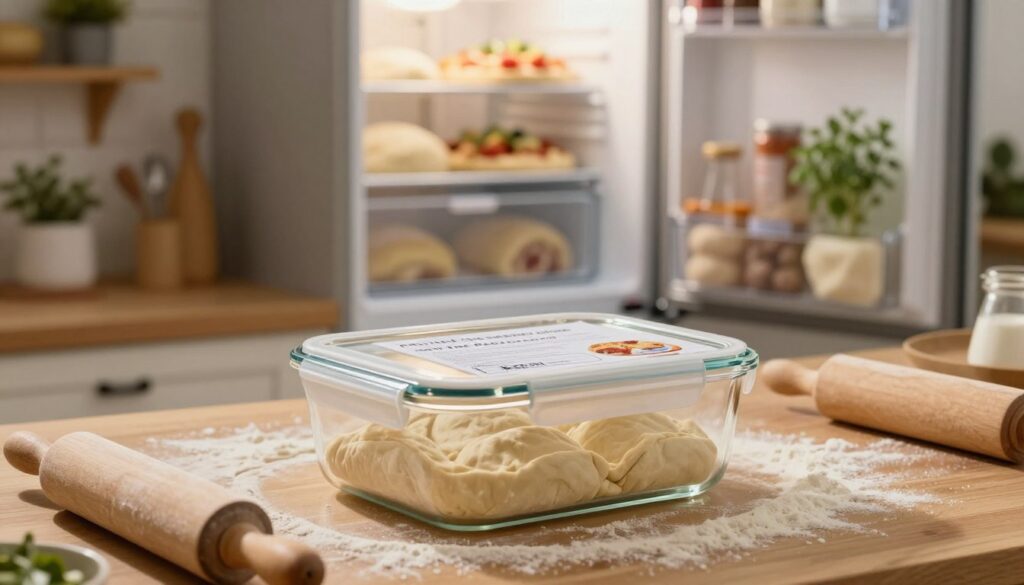 A cozy kitchen scene focusing on a glass container filled with freshly prepared pizza dough, expertly sealed and labeled for freezing. The container is prominently displayed in the foreground, surrounded by kitchen utensils like a rolling pin and flour-dusted surfaces. Soft, warm lighting illuminates the scene, creating a comforting mood that emphasizes the idea of home cooking. In the middle background, an open freezer door reveals neatly organized frozen items, hinting at a well-maintained kitchen. The kitchen walls are subtly decorated with herb plants and rustic shelves, enhancing the inviting atmosphere. Capture the image from a slightly elevated angle to provide depth while ensuring the focus remains on the pizza dough and the freezing process, implying care and attention to food preservation.