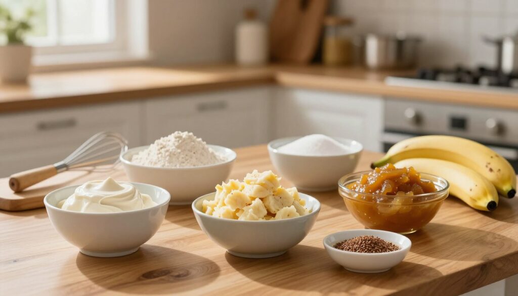 A cozy kitchen scene showcasing a variety of egg substitutes ideal for baking. In the foreground, a wooden table displays bowls of silken tofu, mashed bananas, unsweetened applesauce, and a small dish of ground flaxseed mixed with water, all arranged artfully. In the middle ground, soft-focus ingredients like flour, sugar, and baking powder suggest the context of baking. The background features a softly illuminated kitchen with warm lighting, highlighting baking tools like whisks and mixing bowls. Capture a homely atmosphere with natural light coming from a nearby window, casting gentle shadows. The overall mood should be inviting and inspiring, encouraging creativity in baking without eggs.