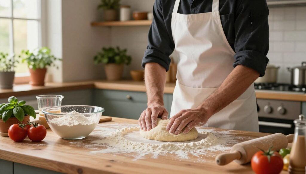A cozy kitchen scene showcasing the preparation of pizza dough. In the foreground, a wooden countertop is adorned with a generous dusting of flour. A mixing bowl filled with flour, yeast, and water sits prominently, alongside a rolling pin, a measuring cup, and fresh ingredients like basil and tomatoes. In the middle ground, a chef, dressed in a neat white apron and professional attire, kneads the dough with focused determination. The background reveals shelves lined with kitchenware, herbs in pots, and a window letting in warm, natural sunlight, enhancing the inviting atmosphere. The lighting is soft and warm, creating a homey ambiance perfect for culinary creativity. The angle captures both the chef’s concentration and the rustic charm of the kitchen.