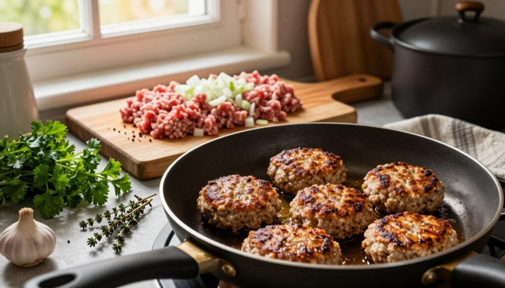 A cozy kitchen scene showcasing the process of frying minced meat patties. In the foreground, a frying pan sizzles with golden-brown kotlety mielone, glistening with oil. Fresh herbs like parsley and thyme are scattered around the pan, adding color and freshness. In the middle, a wooden cutting board displays raw minced meat mixed with finely chopped onion and spices, ready to be formed into patties. In the background, warm sunlight filters through a window, casting a soft glow on rustic kitchen elements like pots and pans. The atmosphere is inviting and homely, emphasizing the importance of achieving juicy patties. The camera angle is slightly overhead, capturing the rich textures and colors of the ingredients with soft, warm lighting. A cozy kitchen scene showcasing the process of frying minced meat patties. In the foreground, a frying pan sizzles with golden-brown kotlety mielone, glistening with oil. Fresh herbs like parsley and thyme are scattered around the pan, adding color and freshness. In the middle, a wooden cutting board displays raw minced meat mixed with finely chopped onion and spices, ready to be formed into patties. In the background, warm sunlight filters through a window, casting a soft glow on rustic kitchen elements like pots and pans. The atmosphere is inviting and homely, emphasizing the importance of achieving juicy patties. The camera angle is slightly overhead, capturing the rich textures and colors of the ingredients with soft, warm lighting.