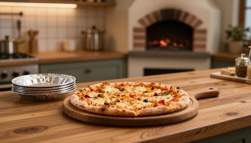 A cozy kitchen scene where a freshly reheated pizza is kept warm on a wooden countertop. In the foreground, a round pizza on a stylish wooden board, with melted cheese glistening and toppings showcasing vibrant colors. A stack of aluminum foil is next to the pizza, hinting at a method of maintaining its warmth. In the middle, a soft-focus view of a rustic kitchen with warm lighting illuminating the space, highlighting a brick oven in the background. The atmosphere is inviting and warm, evoking feelings of comfort. The angle is slightly above the countertop level, allowing for a view of the pizza and kitchen details. The overall mood is homely and appealing, perfect for illustrating pizza warmth preservation techniques. A cozy kitchen scene where a freshly reheated pizza is kept warm on a wooden countertop. In the foreground, a round pizza on a stylish wooden board, with melted cheese glistening and toppings showcasing vibrant colors. A stack of aluminum foil is next to the pizza, hinting at a method of maintaining its warmth. In the middle, a soft-focus view of a rustic kitchen with warm lighting illuminating the space, highlighting a brick oven in the background. The atmosphere is inviting and warm, evoking feelings of comfort. The angle is slightly above the countertop level, allowing for a view of the pizza and kitchen details. The overall mood is homely and appealing, perfect for illustrating pizza warmth preservation techniques.