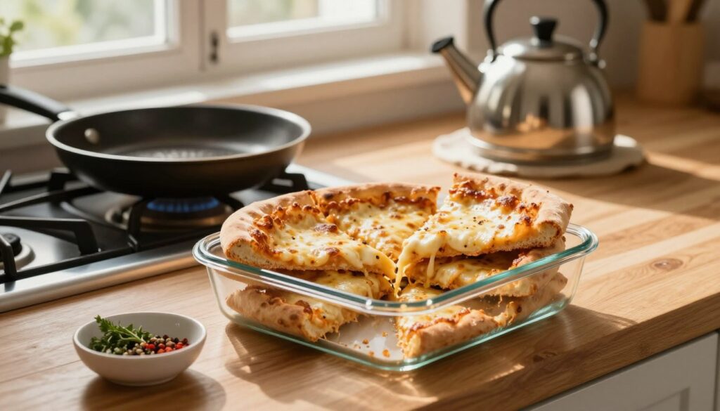 A cozy kitchen setting featuring a beautifully arranged stack of leftover pizza slices on a wooden countertop. The pizza, with golden crispy crust and melted cheese, is enclosed in a glass food container, showcasing freshness. In the foreground, a small dish of herbs and spices hints at flavor enhancement. The middle ground includes a stovetop with an inviting frying pan, casting soft shadows, while a kettle simmers gently in the background, adding warmth to the scene. Natural light streams through a window, illuminating the space and creating a homey atmosphere. The overall mood is inviting and appetizing, emphasizing the importance of keeping leftover pizza fresh before reheating. A cozy kitchen setting featuring a beautifully arranged stack of leftover pizza slices on a wooden countertop. The pizza, with golden crispy crust and melted cheese, is enclosed in a glass food container, showcasing freshness. In the foreground, a small dish of herbs and spices hints at flavor enhancement. The middle ground includes a stovetop with an inviting frying pan, casting soft shadows, while a kettle simmers gently in the background, adding warmth to the scene. Natural light streams through a window, illuminating the space and creating a homey atmosphere. The overall mood is inviting and appetizing, emphasizing the importance of keeping leftover pizza fresh before reheating.
