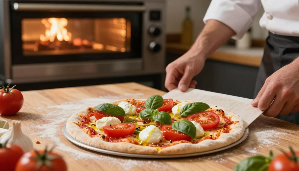 A cozy kitchen setting, focused on a wooden countertop where a freshly made pizza is being prepared. In the foreground, the pizza is topped with vibrant ingredients: bright red tomatoes, creamy mozzarella, fresh basil, and a drizzle of olive oil, all arranged in a way that highlights their freshness. The middle ground features a baker's hands gently placing the pizza onto a pizza peel, illustrating the care taken during preparation. In the background, a modern oven preheats, with a soft, warm light emanating from it, creating an inviting atmosphere. The scene captures a sense of anticipation and warmth, suggesting the deliciousness that awaits. Ideal lighting enhances the colors of the ingredients, highlighting the textures and making the pizza look mouth-watering.