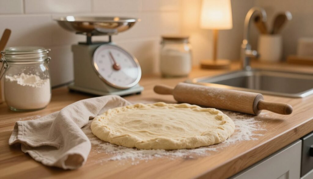 A cozy kitchen setting that reflects a warm, inviting atmosphere. In the foreground, a wooden countertop displays a bowl of slightly thawed pizza dough, with a soft cloth draped over it to maintain warmth. A rolling pin rests beside the bowl, indicating the preparation for rolling out the dough. In the middle ground, a kitchen scale and some flour in a jar are visible, hinting at the careful measurement and preparation involved. The background features softly glowing ambient lighting from an overhead lamp, casting a gentle light across the warm wood tones in the kitchen. The scene exudes a sense of calm and patience, with natural textures and warm colors emphasizing the theme of preparing dough at room temperature for optimal results.