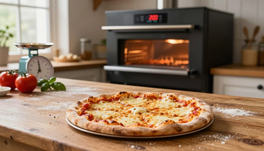 A cozy kitchen setting with a rustic wooden table in the foreground, displaying a freshly baked thin-crust pizza, golden and slightly bubbling with melting cheese. In the middle background, a traditional oven preheats, with a clear temperature display set to 200 degrees Celsius. Soft natural light streams in from a nearby window, enhancing the warm, inviting atmosphere. To the side, a measuring scale and colorful ingredients like tomatoes, basil, and flour can be seen, suggesting preparation. The scene conveys a sense of home-cooked comfort, highlighting the ideal baking time for different crust thicknesses as they bubble in the oven. The angle captures the inviting details of the kitchen while keeping the focus on the pizza.