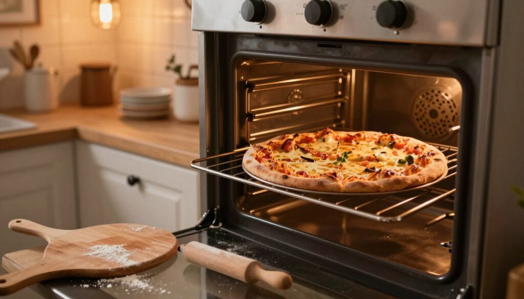 A cozy kitchen setting with an oven open, showcasing a freshly baked pizza on the middle rack, melty cheese bubbling and toppings glistening. In the foreground, a wooden pizza peel rests beside a sprinkle of flour and a rolling pin. The background features warm, ambient lighting from overhead fixtures illuminating the scene, creating a homey atmosphere. The walls are adorned with rustic kitchenware, enhancing the inviting feel. The angle is slightly tilted to emphasize the pizza within the oven, highlighting its golden crust. The entire scene evokes a sense of warmth and the excitement of baking, making it perfect for showcasing the process of achieving the ideal pizza. A cozy kitchen setting with an oven open, showcasing a freshly baked pizza on the middle rack, melty cheese bubbling and toppings glistening. In the foreground, a wooden pizza peel rests beside a sprinkle of flour and a rolling pin. The background features warm, ambient lighting from overhead fixtures illuminating the scene, creating a homey atmosphere. The walls are adorned with rustic kitchenware, enhancing the inviting feel. The angle is slightly tilted to emphasize the pizza within the oven, highlighting its golden crust. The entire scene evokes a sense of warmth and the excitement of baking, making it perfect for showcasing the process of achieving the ideal pizza.