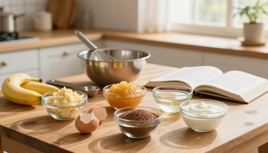 A cozy, well-lit kitchen scene showcasing a variety of egg substitutes for baking. In the foreground, a rustic wooden table holds small glass bowls filled with common kitchen pantry ingredients ideal for replacing eggs, such as mashed bananas, unsweetened applesauce, ground flaxseed mixed with water, and yogurt. The middle ground features a mixing bowl with a whisk, surrounded by measuring spoons and a cookbook opened to a recipe page. In the background, warm sunlight filters through a window, casting gentle shadows and highlighting the cheerful atmosphere. Soft focus on the background draws attention to the foreground ingredients, emphasizing a sense of creativity and practicality in baking. The overall mood is inviting and homey, perfect for inspiring cooking adventures.