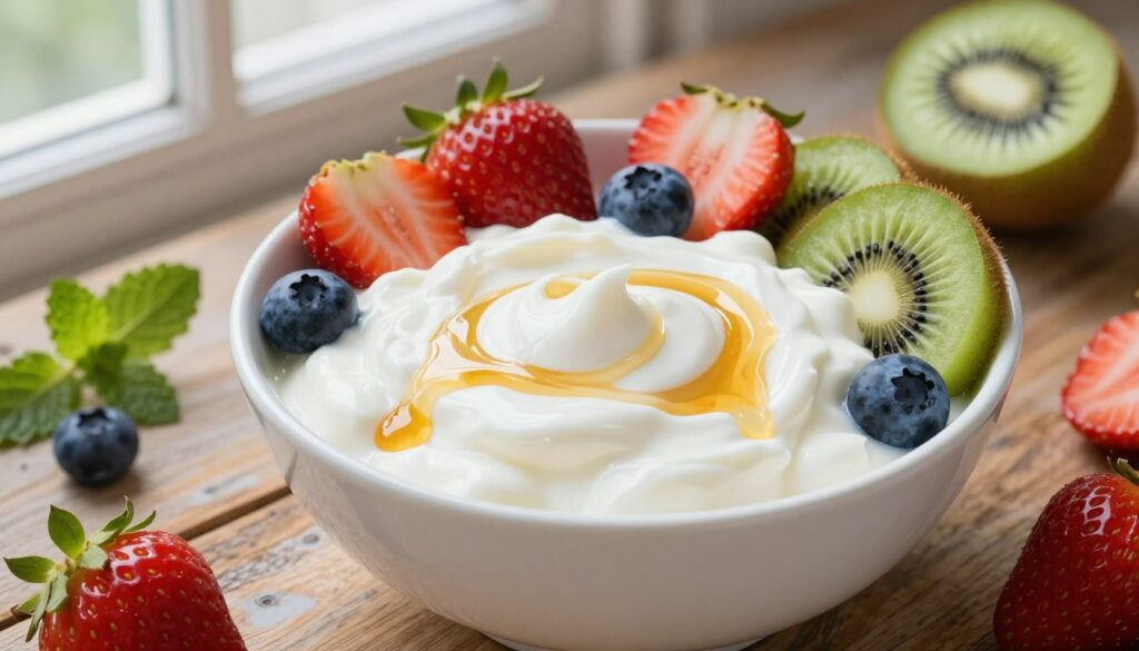 A creamy bowl of yogurt takes center stage, surrounded by fresh fruits like strawberries, blueberries, and slices of kiwi, all vibrant and inviting. The yogurt is thick and glossy, showcasing a swirl of honey on top, glistening in the soft, natural light that spills in from a nearby window. In the background, a rustic wooden table adds warmth, adorned with a few sprigs of mint for a pop of green. The image is captured from a slightly elevated angle, focusing on the textures of the yogurt and fruits, creating an inviting and wholesome mood. The overall atmosphere is bright and fresh, perfect for highlighting dairy alternatives in cooking.
