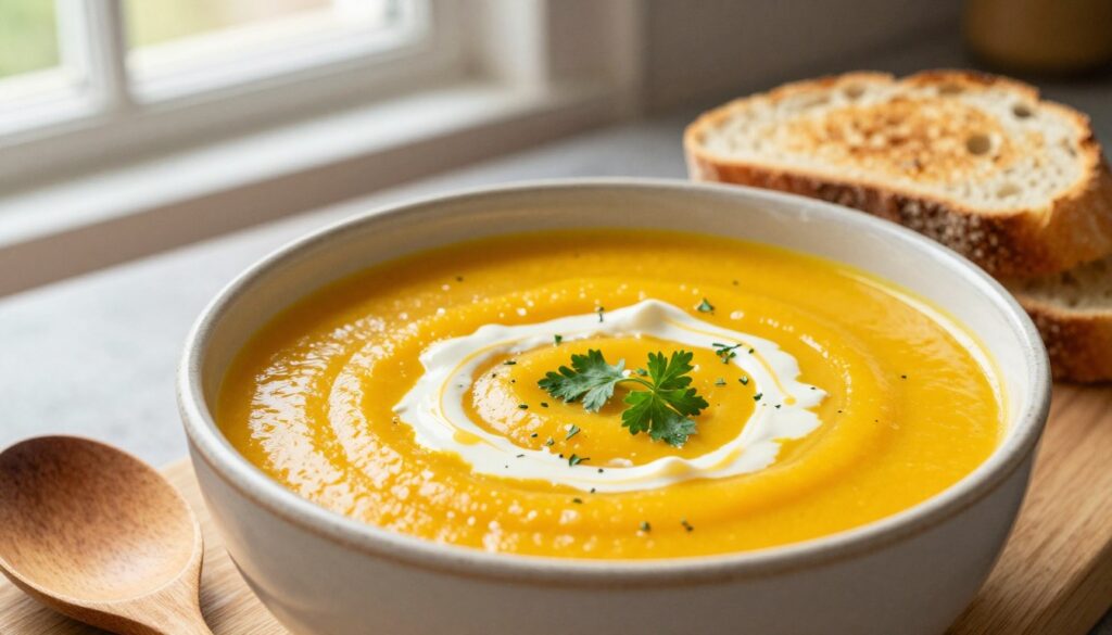 A creamy, vibrant yellow pumpkin soup, known as "zupy krem," elegantly presented in a rustic ceramic bowl. The soup features a smooth texture, garnished with a swirl of cream and a sprinkle of fresh herbs like parsley. In the foreground, a wooden spoon rests beside the bowl, hinting at its deliciousness. The middle ground showcases a lightly toasted slice of artisanal bread, perfectly paired with the soup. The background features a softly blurred kitchen setting, with warm, natural light streaming through a window, creating an inviting and cozy atmosphere. The overall mood is warm, homely, and appetizing, ideal for illustrating culinary creativity. The angle is slightly overhead, emphasizing the colors and textures of the dish. A creamy, vibrant yellow pumpkin soup, known as "zupy krem," elegantly presented in a rustic ceramic bowl. The soup features a smooth texture, garnished with a swirl of cream and a sprinkle of fresh herbs like parsley. In the foreground, a wooden spoon rests beside the bowl, hinting at its deliciousness. The middle ground showcases a lightly toasted slice of artisanal bread, perfectly paired with the soup. The background features a softly blurred kitchen setting, with warm, natural light streaming through a window, creating an inviting and cozy atmosphere. The overall mood is warm, homely, and appetizing, ideal for illustrating culinary creativity. The angle is slightly overhead, emphasizing the colors and textures of the dish.