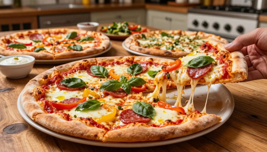 A delicious 32 cm pizza, freshly baked and perfectly golden, sits elegantly on a rustic wooden table. The pizza is topped with vibrant ingredients: a rich tomato sauce base, melted mozzarella cheese, colorful bell peppers, pepperoni slices, and fresh basil leaves, all glistening with a light sheen of olive oil. The foreground features a slice being pulled away, revealing the gooey cheese stretching invitingly. In the middle ground, a neatly arranged platter with diverse pizza types showcases variations like vegetarian and margherita, accentuated with small bowls of dipping sauces. The background consists of a cozy kitchen setting with warm, soft lighting illuminating the scene, creating an inviting and appetizing atmosphere. The angle is slightly elevated to capture the details of the pizza toppings and the inviting ambiance.