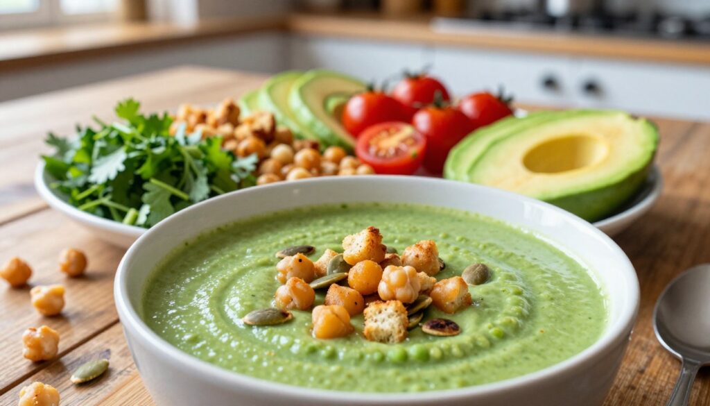 A delicious display of various crunchy toppings for creamy soups, elegantly arranged on a rustic wooden table. In the foreground, a bowl filled with vibrant green pea soup topped with crispy chickpeas, golden croutons, and roasted pumpkin seeds. The middle layer features a variety of colorful, healthy toppings like finely chopped herbs, cherry tomatoes, and avocado slices. In the background, soft natural lighting illuminates a cozy kitchen setting with hints of wooden textures and fresh veggies. The overall mood is warm and inviting, perfect for showcasing healthy alternatives to croutons. The scene is captured from a top-down angle to emphasize the freshness and texture of the toppings, enhancing the appeal of the soup.