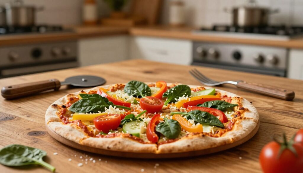 A delicious fit pizza made with a tortilla base, topped with colorful and healthy ingredients. In the foreground, showcase a beautifully prepared tortilla pizza, vibrant with fresh vegetables like spinach, cherry tomatoes, bell peppers, and a light sprinkle of cheese. In the middle, a rustic wooden table setting emphasizes the homemade feel, with a pizza cutter and fork resting nearby. The background features a cozy kitchen ambiance with warm, soft lighting that creates an inviting atmosphere. Use a shallow depth of field to keep the focus on the pizza while softly blurring the kitchen elements. The overall mood should convey health and simplicity, inspiring viewers to try this quick and tasty meal.
