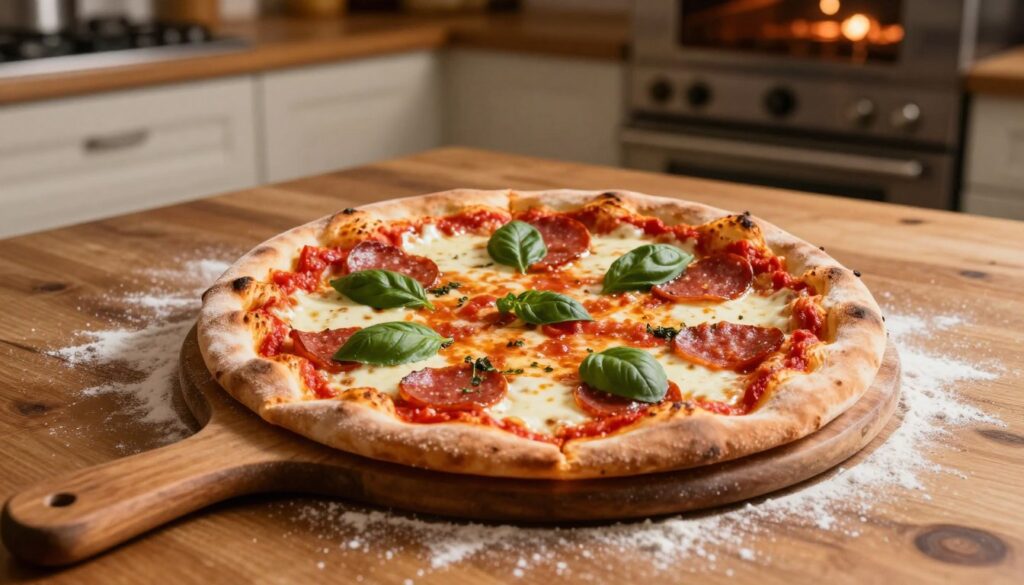 A delicious, freshly baked pizza on a wooden kitchen table, featuring thick, golden-brown crust topped with melted mozzarella cheese, vibrant red tomato sauce, fresh basil leaves, and slices of pepperoni, radiating warmth and inviting aroma. In the foreground, a rustic wooden pizza peel rests beside the pizza, with a sprinkle of flour scattered around. The background showcases a cozy kitchen setting, with warm, soft lighting illuminating the scene, casting gentle shadows. A baking stone is visible in the oven, hinting at the perfect cooking environment. The mood is warm and inviting, ideal for evoking the comfort of home-cooked meals and classic Italian cuisine.