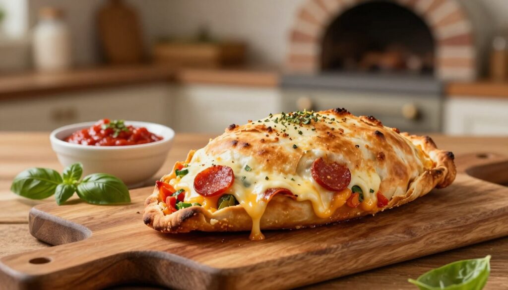 A delicious, golden-brown calzone filled with a rich blend of melted mozzarella cheese, pepperoni, and fresh vegetables, positioned prominently in the foreground. The calzone is cracked open, revealing the savory filling, with a sprinkle of herbs on top. In the middle ground, a rustic wooden cutting board is adorned with a small bowl of marinara sauce and fresh basil leaves for garnish. The background features a cozy, softly-lit kitchen setting, with warm wood tones and a blurred view of a brick oven. The lighting is warm and inviting, creating a homely atmosphere. The composition is shot at a slight angle to emphasize the texture and deliciousness of the calzone, evoking a sense of comfort and indulgence.