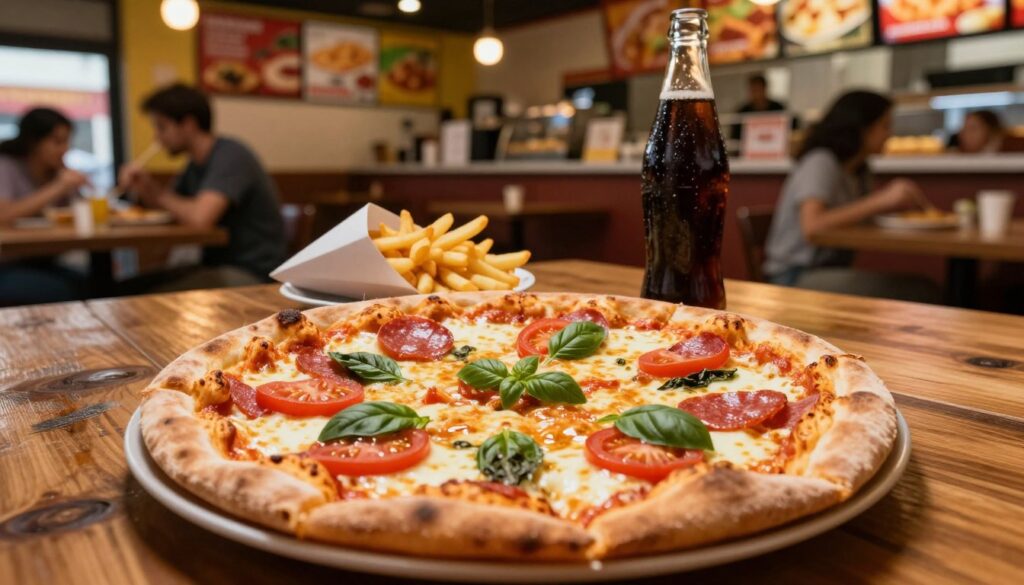 A delicious pizza fast food scene set on a rustic wooden table. In the foreground, a freshly baked pizza with a golden-brown crust, topped with melted mozzarella cheese, vibrant red tomatoes, fresh basil leaves, and pepperoni slices, glistening in the light. In the middle, a side of crispy French fries served in a paper cone, and a cold bottle of soda, condensation visible on the surface. In the background, a lively fast-food restaurant ambiance with patrons enjoying their meals, colorful menus on the walls, and soft, warm lighting casting an inviting glow. The atmosphere is casual yet vibrant, evoking a sense of enjoyment and indulgence, while emphasizing the contrast between fast food and health. Use a wide-angle lens effect to create depth and bring focus to the pizza. A delicious pizza fast food scene set on a rustic wooden table. In the foreground, a freshly baked pizza with a golden-brown crust, topped with melted mozzarella cheese, vibrant red tomatoes, fresh basil leaves, and pepperoni slices, glistening in the light. In the middle, a side of crispy French fries served in a paper cone, and a cold bottle of soda, condensation visible on the surface. In the background, a lively fast-food restaurant ambiance with patrons enjoying their meals, colorful menus on the walls, and soft, warm lighting casting an inviting glow. The atmosphere is casual yet vibrant, evoking a sense of enjoyment and indulgence, while emphasizing the contrast between fast food and health. Use a wide-angle lens effect to create depth and bring focus to the pizza.