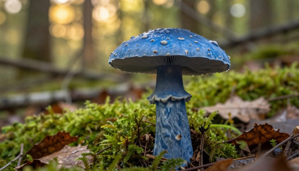 A detailed and realistic depiction of the Modroborowik ponury mushroom, showcasing its distinctive blue coloration and unique texture. In the foreground, the mushroom stands prominently, displaying its cap with subtle hints of dimples and glistening moisture. The middle ground features lush forest foliage, including green moss and scattered fallen leaves to enhance the natural habitat. In the background, soft-focused trees filter warm sunlight, creating a serene, inviting atmosphere. The scene is surrounded by a soft bokeh effect to draw attention to the mushroom. The lighting is warm and natural, capturing the essence of a peaceful woodland environment. Emphasize the mushroom's features to reflect its edible status while suggesting caution, evoking the mood of exploration and curiosity in foraging. A detailed and realistic depiction of the Modroborowik ponury mushroom, showcasing its distinctive blue coloration and unique texture. In the foreground, the mushroom stands prominently, displaying its cap with subtle hints of dimples and glistening moisture. The middle ground features lush forest foliage, including green moss and scattered fallen leaves to enhance the natural habitat. In the background, soft-focused trees filter warm sunlight, creating a serene, inviting atmosphere. The scene is surrounded by a soft bokeh effect to draw attention to the mushroom. The lighting is warm and natural, capturing the essence of a peaceful woodland environment. Emphasize the mushroom's features to reflect its edible status while suggesting caution, evoking the mood of exploration and curiosity in foraging.