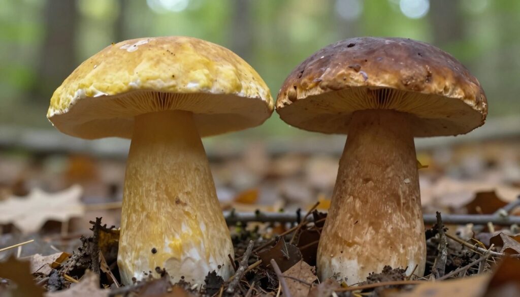 A detailed close-up image featuring two mushrooms prominently displayed: the Goryczak żółciowy (bitter bolete) on one side and the Borowik szlachetny (noble bolete) on the other. The Goryczak żółciowy should be depicted with its distinctive yellowish cap and slightly slimy texture, contrasted against the Borowik szlachetny, which has a more robust, brown cap and a thicker stem. Focus on their textures, colors, and unique characteristics, with the Goryczak's gills showing a yellow hue. In the background, depict a natural forest floor environment with fallen leaves and soft sunlight filtering through tree branches, creating a serene, informative atmosphere. Use a shallow depth of field to emphasize the mushrooms while softly blurring the background, enhancing the focus on their differences.
