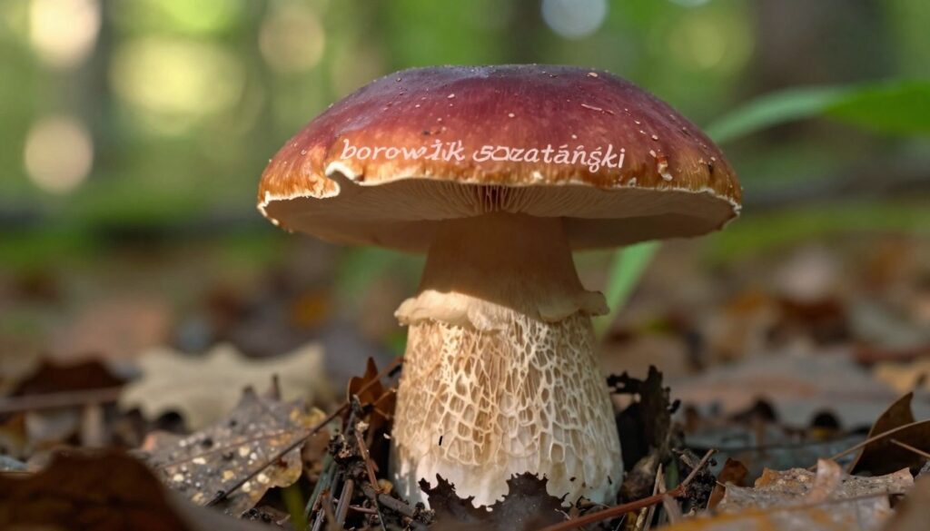 A detailed, close-up image of a "borowik szatański" mushroom, showcasing its distinct features. In the foreground, the mushroom's cap should display its smooth, reddish-brown surface, with a slightly wavy edge and irregular contours. The middle layer should feature its thick, whitish stem adorned with pale, net-like patterns. Surround the mushroom with fallen leaves and forest floor debris, emphasizing its natural habitat. The background should include soft-focus elements of green foliage and soft sunlight filtering through the trees, creating a serene and slightly ominous atmosphere. The lighting should be warm and inviting, enhancing the colors of the mushroom while maintaining a sense of caution, as this species is known for its edibility issues. Use a shallow depth of field to keep the focus on the mushroom.