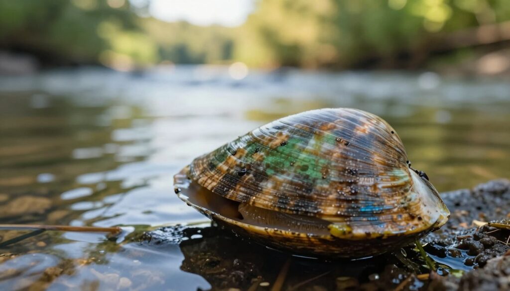 A detailed close-up of a freshwater mussel shell, showcasing its intricate patterns and colors, positioned prominently in the foreground. The shell should display varying shades of brown, green, and hints of iridescent blue, capturing its natural beauty. In the middle ground, a softly blurred depiction of a calm river scene adds context, with gentle ripples and some aquatic plants. The background may feature hints of a lush riverbank, with sunlight filtering through leaves, creating a warm and inviting atmosphere. Emphasize natural lighting to enhance the shell's textures and colors, using a macro lens perspective that focuses on the shell while subtly blurring the background. The mood should convey tranquility and appreciation for nature's detail. A detailed close-up of a freshwater mussel shell, showcasing its intricate patterns and colors, positioned prominently in the foreground. The shell should display varying shades of brown, green, and hints of iridescent blue, capturing its natural beauty. In the middle ground, a softly blurred depiction of a calm river scene adds context, with gentle ripples and some aquatic plants. The background may feature hints of a lush riverbank, with sunlight filtering through leaves, creating a warm and inviting atmosphere. Emphasize natural lighting to enhance the shell's textures and colors, using a macro lens perspective that focuses on the shell while subtly blurring the background. The mood should convey tranquility and appreciation for nature's detail.