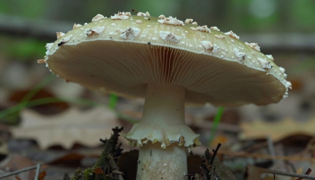 A detailed close-up of a muchomor sromotnikowy mushroom, also known as the death cap, prominently displayed in the foreground with its distinctive greenish-yellow cap dotted with white warts. The gills beneath the cap should be visible, showcasing their close spacing and white color. In the middle ground, include a blurred perspective of a forest floor, with fallen leaves and patches of grass that hint at the natural habitat of the mushroom. The lighting should be soft and diffused, suggesting a slightly overcast day to emphasize the mushroom's colors without harsh shadows. The overall atmosphere should evoke a sense of caution and intrigue, highlighting the mushroom's toxic nature. The angle should be slightly tilted upwards, giving an immersive view as if the viewer is peering closely at this dangerous specimen.
