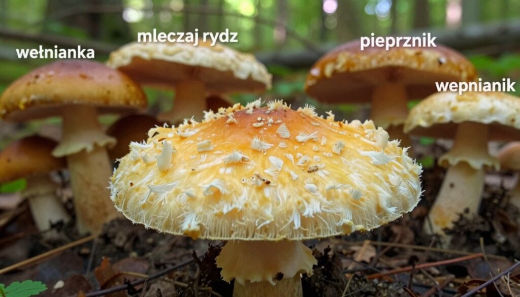 A detailed close-up of a "wełnianka" mushroom, showcasing its unique textures and colors. The foreground features the mushroom with its fluffy, wool-like appearance, highlighting its creamy yellow to orange hues. Surrounding it in the middle ground are various similar-looking mushrooms, such as "mleczaj rydz" and "pieprznik," with visible differences in cap shapes and colors for comparison. The background consists of a lush forest floor, dappled sunlight filtering through the trees, creating a warm and inviting atmosphere. The composition is vibrant and informative, capturing the essence of these mushrooms in their natural habitat, enhancing the viewer's understanding of their characteristics and differences. The image is well-lit, focusing on the textures, and shot with a macro lens to emphasize detail. A detailed close-up of a "wełnianka" mushroom, showcasing its unique textures and colors. The foreground features the mushroom with its fluffy, wool-like appearance, highlighting its creamy yellow to orange hues. Surrounding it in the middle ground are various similar-looking mushrooms, such as "mleczaj rydz" and "pieprznik," with visible differences in cap shapes and colors for comparison. The background consists of a lush forest floor, dappled sunlight filtering through the trees, creating a warm and inviting atmosphere. The composition is vibrant and informative, capturing the essence of these mushrooms in their natural habitat, enhancing the viewer's understanding of their characteristics and differences. The image is well-lit, focusing on the textures, and shot with a macro lens to emphasize detail.