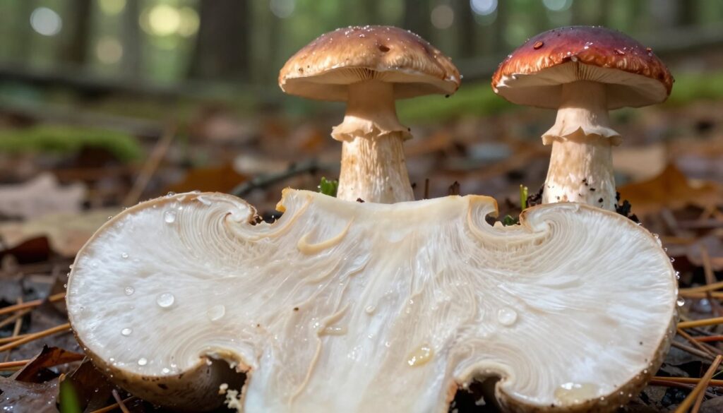 A detailed close-up of the cross-section of a king bolete mushroom, showcasing its rich, creamy white flesh and fine texture. The foreground features a freshly cut piece of the mushroom with glistening droplets of moisture, revealing its interior details. In the middle, there are contrasting images of a satanic bolete and a noble bolete, illustrating their differences; the satanic bolete's flesh displays a hint of reddish tint. The background is a softly blurred forest floor, adorned with fallen leaves and scattered pine needles, creating a natural, earthy ambiance. Soft diffused sunlight filters through the trees, casting gentle shadows that enhance the mushrooms' textures. The overall mood is informative yet serene, inviting the viewer to appreciate the beauty and intricacies of these fungi.
