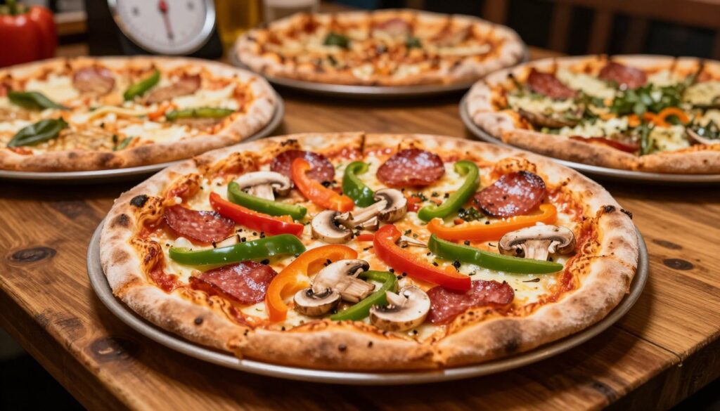 A detailed composition of a 30 cm pizza, carefully placed on a rustic wooden table. The pizza is topped with a variety of fresh ingredients, such as vibrant bell peppers, mushrooms, and slices of pepperoni, showcasing how these toppings influence the overall weight. In the foreground, a kitchen scale with a visible measurement digit displays the pizza's weight, highlighting its quantified nature. In the middle background, an assortment of other freshly made pizzas can be seen, symbolizing portion sizes. The lighting is warm and inviting, simulating a cozy pizzeria ambiance, while a shallow depth of field ensures the focus remains on the pizza and scale. The atmosphere is rich with colors that evoke appetite and curiosity, drawing attention to the delicious toppings.