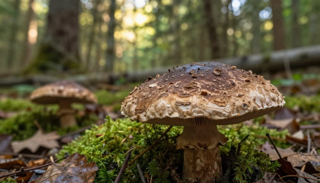 A detailed depiction of a mushroom species, known as huba, in a forest setting. In the foreground, showcase a prominent huba mushroom with its characteristic rough, textured surface and distinct circular shape, highlighting its colors ranging from dark brown to lighter beige. Around it, include other natural elements like moss and fallen leaves to enhance realism. In the middle ground, depict a soft focus of various trees, with gentle dappled sunlight filtering through the leaves, creating a serene atmosphere. The background should feature a blurred view of a dense forest, emphasizing the depth and tranquility of the woodland. The lighting should be warm and inviting, evoking a peaceful, natural vibe. The composition should be clear and harmonious, focusing on the unique features of the huba mushroom.