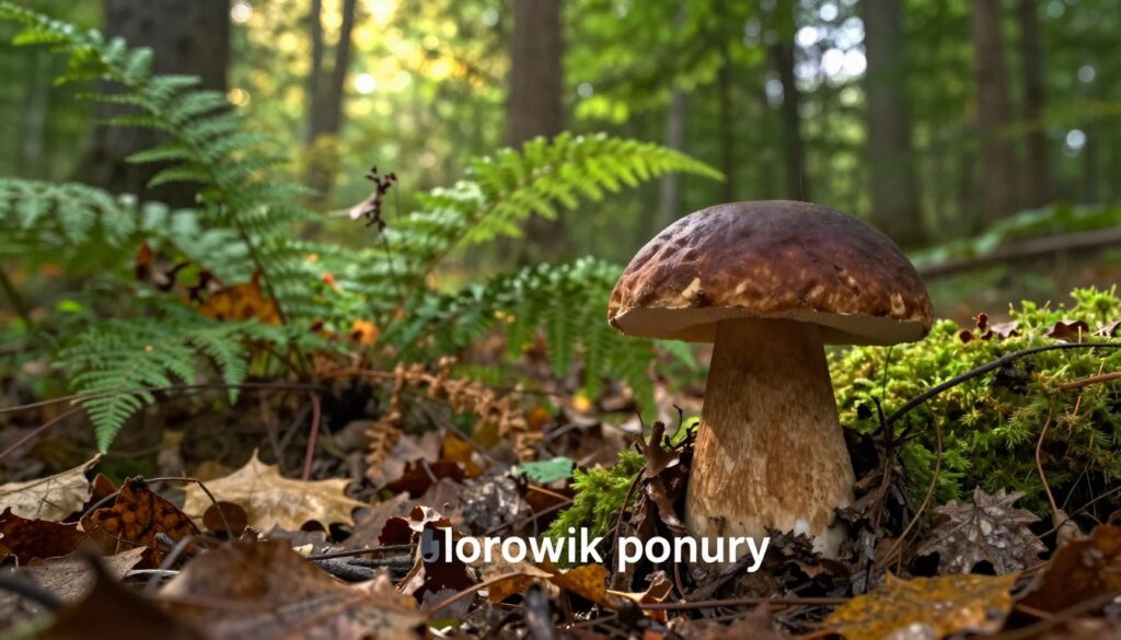 A detailed depiction of "borowik ponury," also known as the dark bolete mushroom, set against a lush forest floor in Poland. In the foreground, the mushroom showcases its distinctive dark brown cap with subtle texture and a lighter, creamy stem, partially covered by fallen leaves and moss. In the middle ground, delicate ferns and other woodland plants create a natural habitat for the mushroom, while dappled sunlight filters through the tree canopy, creating an ethereal glow around the scene. The background features towering trees with rich green foliage, contributing to a tranquil and serene atmosphere. The image captures the essence of an autumnal forest, evoking curiosity and exploration. Use a soft focus effect to create depth, simulating a macro lens perspective for an intimate view of nature. A detailed depiction of "borowik ponury," also known as the dark bolete mushroom, set against a lush forest floor in Poland. In the foreground, the mushroom showcases its distinctive dark brown cap with subtle texture and a lighter, creamy stem, partially covered by fallen leaves and moss. In the middle ground, delicate ferns and other woodland plants create a natural habitat for the mushroom, while dappled sunlight filters through the tree canopy, creating an ethereal glow around the scene. The background features towering trees with rich green foliage, contributing to a tranquil and serene atmosphere. The image captures the essence of an autumnal forest, evoking curiosity and exploration. Use a soft focus effect to create depth, simulating a macro lens perspective for an intimate view of nature.