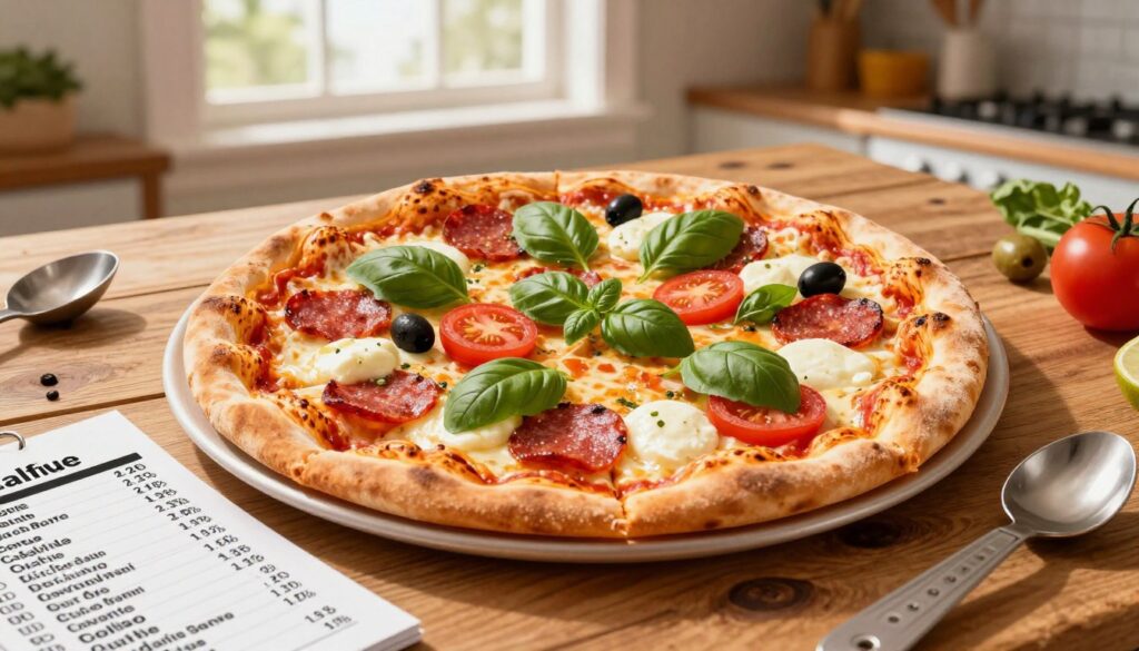 A detailed illustration featuring a 32 cm pizza placed centrally on a rustic wooden table. The pizza is generously topped with vibrant ingredients such as fresh basil, gooey mozzarella cheese, pepperoni slices, ripe tomatoes, and olives, showcasing a variety of colors that highlight the richness of its flavors. In the foreground, there are measuring spoons and a nutritional chart, indicating the calorie information visually represented alongside the pizza. The middle ground captures the warm glow of soft, natural light filtering through a kitchen window, creating a cozy atmosphere. In the background, faintly visible kitchen utensils and ingredients add depth, suggesting a homey cooking environment. The overall mood is inviting and informative, perfect for illustrating the relationship between pizza size and its calorie content. A detailed illustration featuring a 32 cm pizza placed centrally on a rustic wooden table. The pizza is generously topped with vibrant ingredients such as fresh basil, gooey mozzarella cheese, pepperoni slices, ripe tomatoes, and olives, showcasing a variety of colors that highlight the richness of its flavors. In the foreground, there are measuring spoons and a nutritional chart, indicating the calorie information visually represented alongside the pizza. The middle ground captures the warm glow of soft, natural light filtering through a kitchen window, creating a cozy atmosphere. In the background, faintly visible kitchen utensils and ingredients add depth, suggesting a homey cooking environment. The overall mood is inviting and informative, perfect for illustrating the relationship between pizza size and its calorie content.