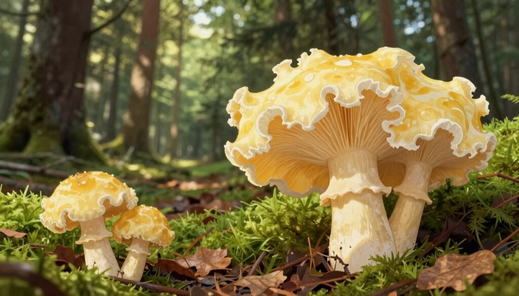 A detailed illustration of Sparassis species found in Poland, showcasing their unique textures and forms. In the foreground, large, vibrant Sparassis crispa mushrooms with frilled edges, their pale yellow and white colors standing out against a forest floor covered in moss and fallen leaves. In the middle ground, a serene forest scene with soft, diffused sunlight filtering through the trees, casting gentle shadows. The background is filled with tall, lush trees, creating an inviting, natural atmosphere. The overall mood is peaceful and earthy, evoking a sense of foraging in a Polish woodland. The image is captured from a slightly elevated angle to provide depth and context, emphasizing the mushrooms in their natural habitat.