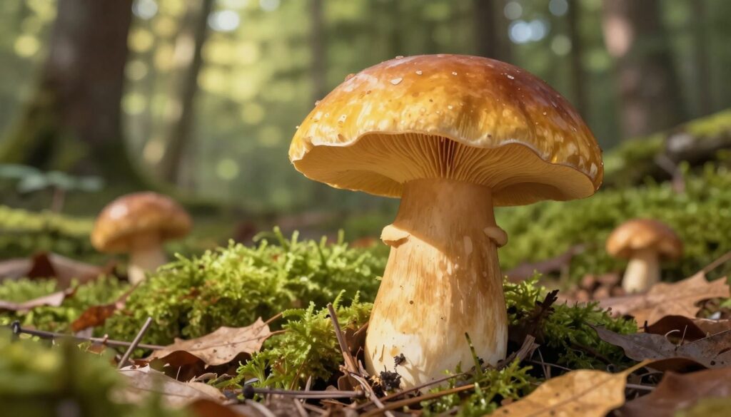 A detailed illustration of a freshly foraged yellow bolete mushroom (Suillus luteus) in its natural habitat. In the foreground, showcase the mushroom with its smooth, brownish-yellow cap, slightly sticky texture, and distinctive tubular pores on the underside. The stem should be sturdy and light-colored, exhibiting a slight bulbous form. In the middle ground, include a lush forest floor with green moss, scattered fallen leaves, and other typical fungi. The background should depict soft-focused trees with dappled sunlight filtering through the leaves, creating a warm and inviting atmosphere. Use natural lighting to highlight the mushroom’s surface details, while capturing the serene and peaceful essence of a woodland setting.