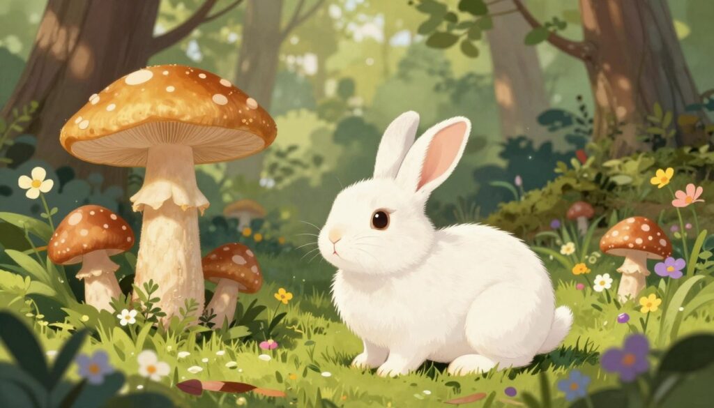 A detailed illustration of a "zajączek" (Easter bunny) in a natural woodland setting. In the foreground, feature the zajączek, a small, fluffy bunny with soft white fur and big, expressive eyes, sitting amidst vibrant wildflowers. The middle ground should include a variety of mushrooms, such as the "Suchogrzybek złotopory," showcasing its distinctive golden cap, alongside some look-alike fungi to highlight the theme of possible confusion. In the background, create a lush, soft-focus woodland scene with dappled sunlight filtering through the leaves, casting gentle shadows. The overall mood should be calm and serene, inviting curiosity about the natural habitat, with vibrant colors to enhance the lively atmosphere. The image should be captured from a slightly elevated angle to provide depth and context.