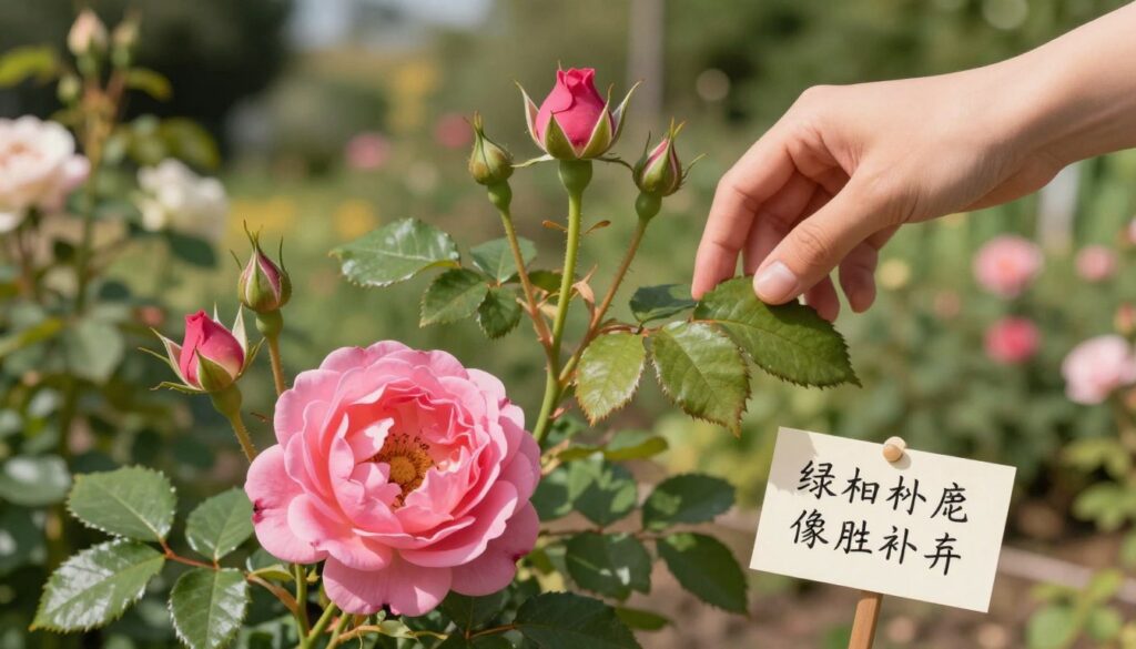 A detailed illustration of edible roses, focused on identifying their distinct features. In the foreground, a vibrant pink rose with open petals, showcasing its textures and colors, alongside a few delicate rosebuds, displaying different stages of bloom. The middle ground features a hand gently touching a leaf, emphasizing the importance of examining leaf shape and color, along with a small note indicating traits of edible species. In the background, a soft-focus garden setting with varied rose bushes, creating a serene atmosphere. The lighting is warm and natural, capturing the essence of a sunny day, with soft shadows enhancing the depth. The image conveys a sense of exploration and knowledge about the edible varieties of roses. A detailed illustration of edible roses, focused on identifying their distinct features. In the foreground, a vibrant pink rose with open petals, showcasing its textures and colors, alongside a few delicate rosebuds, displaying different stages of bloom. The middle ground features a hand gently touching a leaf, emphasizing the importance of examining leaf shape and color, along with a small note indicating traits of edible species. In the background, a soft-focus garden setting with varied rose bushes, creating a serene atmosphere. The lighting is warm and natural, capturing the essence of a sunny day, with soft shadows enhancing the depth. The image conveys a sense of exploration and knowledge about the edible varieties of roses.