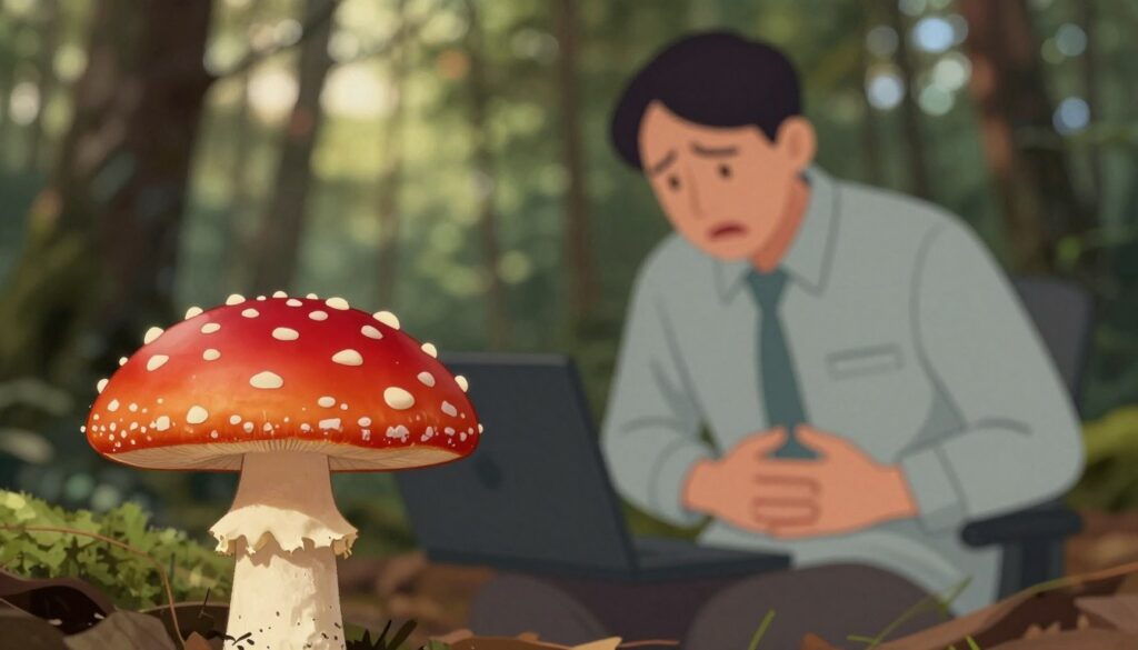 A detailed illustration of the symptoms of poisoning from the red mushroom (Amanita muscaria). In the foreground, a close-up of the mushroom's vibrant red cap with white spots, showcasing its distinctive features. The middle ground displays a faint outline of a person in a professional setting, appearing slightly ill, gripping their stomach with a worried expression. The background features a blurred forest scene, emphasizing the natural habitat of the mushroom, basked in soft, dappled sunlight filtering through the trees. The mood is tense and cautionary, capturing the seriousness of mushroom poisoning while maintaining a respectful tone. Use natural colors for the forest and a slightly desaturated hue for the person to enhance the feeling of unease. A detailed illustration of the symptoms of poisoning from the red mushroom (Amanita muscaria). In the foreground, a close-up of the mushroom's vibrant red cap with white spots, showcasing its distinctive features. The middle ground displays a faint outline of a person in a professional setting, appearing slightly ill, gripping their stomach with a worried expression. The background features a blurred forest scene, emphasizing the natural habitat of the mushroom, basked in soft, dappled sunlight filtering through the trees. The mood is tense and cautionary, capturing the seriousness of mushroom poisoning while maintaining a respectful tone. Use natural colors for the forest and a slightly desaturated hue for the person to enhance the feeling of unease.