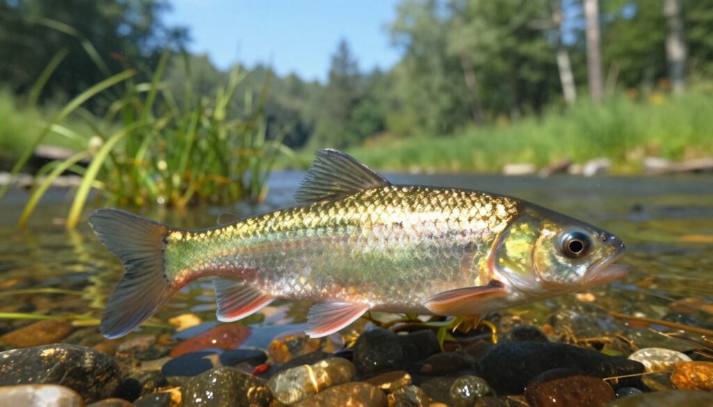 A detailed image of a "kleń" (European chub) fish gracefully swimming in a clear freshwater stream. In the foreground, vividly depict the kleń with its distinctive silver-green scales, slightly reflecting sunlight, and its prominent dorsal fin. The middle ground features natural aquatic plants swaying gently in the current, with hints of colorful pebbles on the stream bed. In the background, soft-focus trees and a bright blue sky convey a tranquil environment. The scene is illuminated by warm, dappled sunlight filtering through the water, creating a serene atmosphere. Use a low-angle perspective to emphasize the fish's elegance and the lush surroundings, capturing the essence of the fish’s habitat while highlighting its beauty and edibility. A detailed image of a "kleń" (European chub) fish gracefully swimming in a clear freshwater stream. In the foreground, vividly depict the kleń with its distinctive silver-green scales, slightly reflecting sunlight, and its prominent dorsal fin. The middle ground features natural aquatic plants swaying gently in the current, with hints of colorful pebbles on the stream bed. In the background, soft-focus trees and a bright blue sky convey a tranquil environment. The scene is illuminated by warm, dappled sunlight filtering through the water, creating a serene atmosphere. Use a low-angle perspective to emphasize the fish's elegance and the lush surroundings, capturing the essence of the fish’s habitat while highlighting its beauty and edibility.