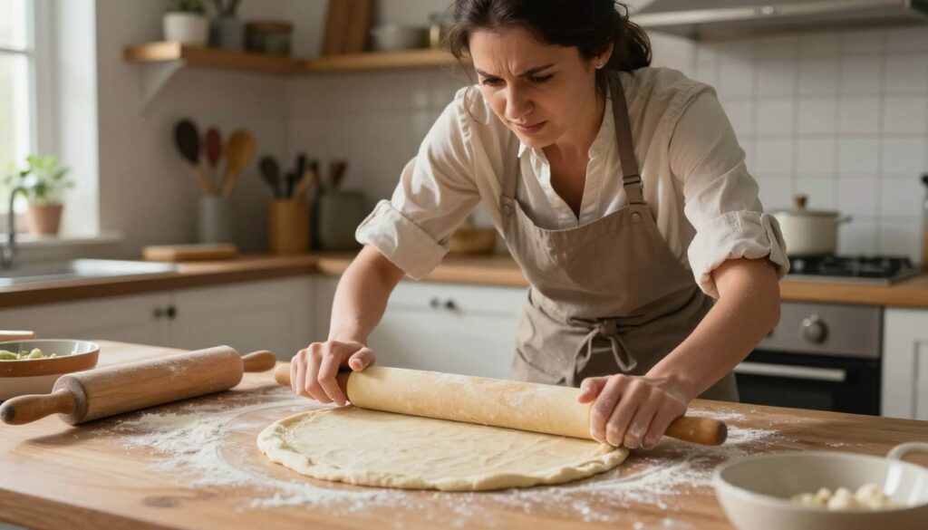 A detailed kitchen scene showcasing the common problems encountered while rolling out pizza dough. In the foreground, a wooden countertop with slightly sticky dough that is pulling apart at the edges, demonstrating frustration. A rolling pin lies nearby, partially dusted with flour. In the middle, an experienced home cook in a modest casual outfit struggles to apply even pressure, her expression reflecting determination and a hint of exasperation. The background features a warm and inviting kitchen, with baking tools neatly arranged on shelves and a hint of natural light filtering through a window, casting soft shadows. The overall mood is focused and practical, capturing the essence of solving kitchen mishaps.