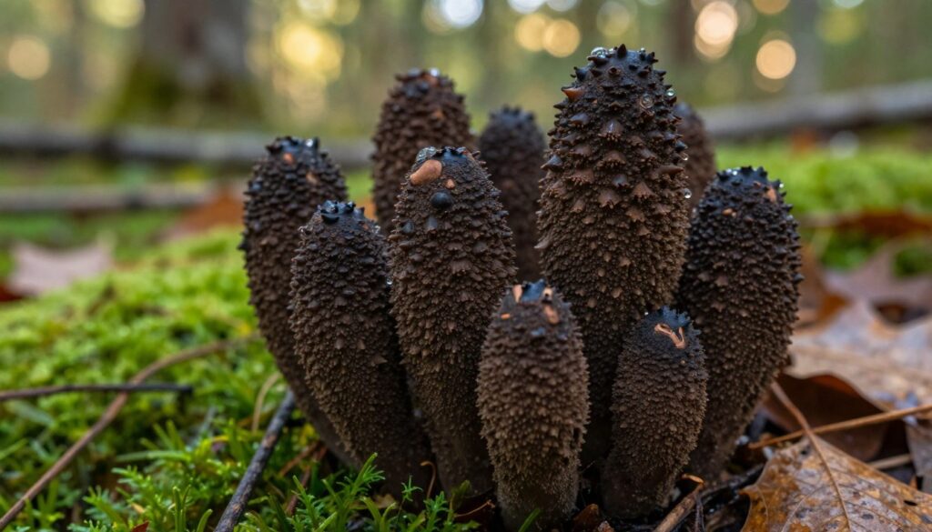 A detailed natural scene showcasing the Strobilomyces strobilaceus, or the scaly cap mushroom, in its natural habitat. In the foreground, focus on the distinctive, scaly dark brown to black caps of the mushrooms, emphasizing the texture and unique cone-like shape. Capture some with dew drops glistening, showcasing their features in vivid detail. In the middle ground, include a lush, green forest floor with scattered fallen leaves and moss, enhancing the natural context. The background should depict soft, blurred trees filtering gentle sunlight, creating a serene, earthy atmosphere. Use warm, inviting lighting to evoke a sense of tranquility and wonder in the scene. Aim for a close-up angle that emphasizes the mushrooms while maintaining a naturalistic environment. A detailed natural scene showcasing the Strobilomyces strobilaceus, or the scaly cap mushroom, in its natural habitat. In the foreground, focus on the distinctive, scaly dark brown to black caps of the mushrooms, emphasizing the texture and unique cone-like shape. Capture some with dew drops glistening, showcasing their features in vivid detail. In the middle ground, include a lush, green forest floor with scattered fallen leaves and moss, enhancing the natural context. The background should depict soft, blurred trees filtering gentle sunlight, creating a serene, earthy atmosphere. Use warm, inviting lighting to evoke a sense of tranquility and wonder in the scene. Aim for a close-up angle that emphasizes the mushrooms while maintaining a naturalistic environment.