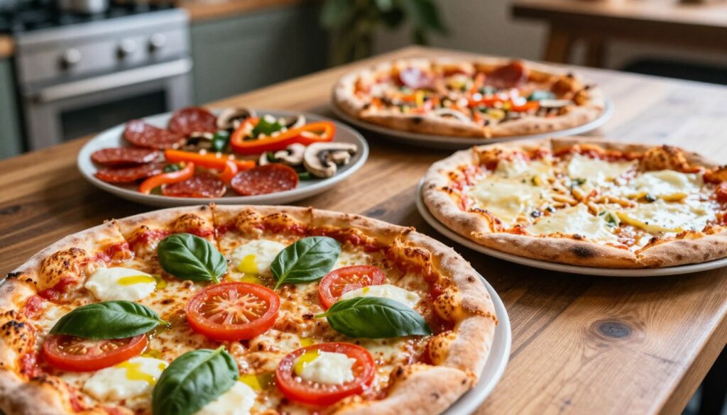A detailed overhead view of a pizza margherita on a wooden table, with a focus on various toppings that alter its caloric content. The foreground features slices of the pizza, showcasing fresh basil, vibrant red tomatoes, melted mozzarella, and a drizzle of olive oil. In the middle, various toppings like pepperoni, mushrooms, bell peppers, and extra cheese are neatly arranged on small plates, indicating how they can affect the calorie count. The background is softly blurred, featuring a rustic kitchen setting with warm lighting that enhances the inviting atmosphere. The scene captures a cozy, appetizing mood, inviting viewers to consider how different toppings change the caloric value of pizza.