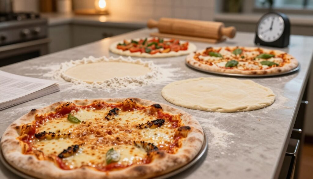 A detailed scene of common pizza-making mistakes with ready-made dough, featuring an array of visually distinct errors and quick fixes. In the foreground, a close-up of a pizza crust that is overcooked on one edge, with uneven toppings, and burnt cheese. The middle ground showcases a countertop with spilled flour, an uncooked pizza with raw dough bubbles, and a variety of toppings poorly arranged. The background includes a kitchen setting with a warm and inviting ambiance, soft lighting from above, highlighting the mistakes. Include subtle elements like a neglected recipe book and a timer showing time running out to evoke urgency. The atmosphere should be lighthearted yet educational, emphasizing common pitfalls in a fun way.