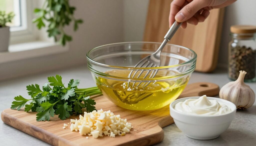 A detailed step-by-step garlic sauce preparation scene, focusing on the ingredients and tools used. In the foreground, a wooden cutting board displaying minced garlic, fresh parsley, and a small bowl of creamy yogurt or sour cream. In the middle, a glass mixing bowl being whisked, with a fork stirring in olive oil and lemon juice, creating a rich, inviting texture. In the background, a softly lit kitchen setting with herbs hanging, a cutting board, and a jar of spices nearby. The lighting is warm and inviting, creating a cozy atmosphere, ideal for cooking. The frame should be at eye level, capturing the essence of a home-cooked meal preparation, with a shallow depth of field to emphasize the vibrant ingredients.