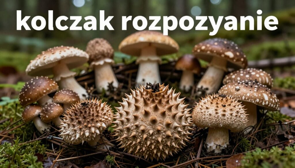 A detailed study of the "kolczak rozpoznanie," featuring a wreath of various mushrooms surrounding the central kolczak, highlighting its unique spiky texture. In the foreground, a close-up of the kolczak showcases its intricate surface and earthy colors, illuminated by soft, diffused natural lighting to enhance its details. In the middle ground, a few look-alike mushrooms, such as the ichthyol and other potential imposters, are depicted with distinctly different shapes and colors to aid in identification, showcased under similar lighting for contrast. The background should be a blurred forest scene, evoking an atmosphere of a natural habitat. The overall mood is informative and serene, encouraging a sense of connection with nature.