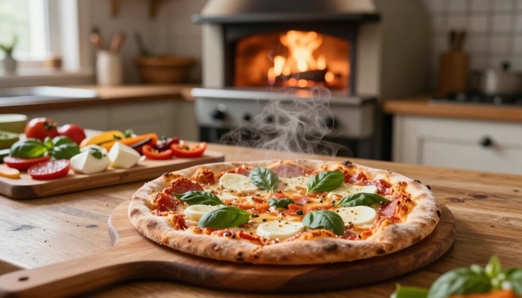 A freshly baked pizza being pulled from a traditional oven, showcasing a crispy thin crust on one side and a thicker, doughier crust on the other, highlighting the contrast. The foreground features a wooden pizza peel with the pizza resting on it, steam rising gently. In the middle, a cozy kitchen with a rustic countertop, an assortment of colorful toppings like fresh basil, mozzarella, pepperoni, and vegetables spread out. The background includes a vintage oven with bright flames visible inside, casting a warm, inviting glow. The scene is lit with soft, natural light coming from a nearby window, creating a homey atmosphere. The focus should be sharp on the pizza, while the background remains softly blurred to emphasize the cooking process.