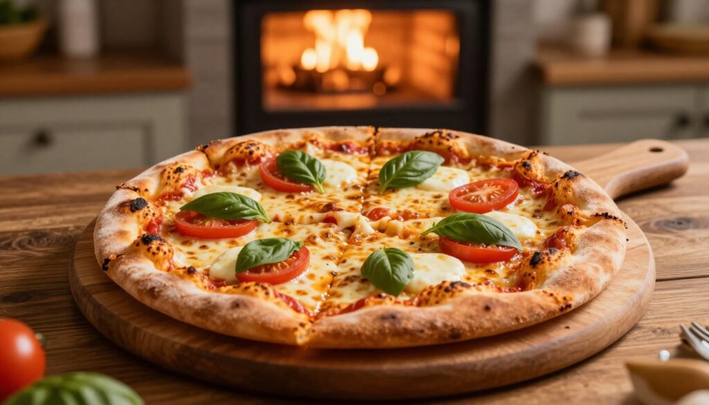 A freshly baked pizza on a wooden pizza paddle, showcasing perfectly melted cheese cascading over the edges, with a golden-brown, crispy crust. The foreground features slices of bubbling mozzarella and colorful toppings like vibrant red tomatoes and fresh basil. The middle ground highlights the pizza, emphasizing the crust's texture with cracks and charred bits, while a warm glow from an oven in the background suggests high cooking temperatures. Soft, ambient kitchen lighting adds warmth, creating an inviting atmosphere. The setting is a cozy kitchen with rustic wooden accents. The angle captures the pizza from a slightly overhead perspective, inviting the viewer to admire its delicious details, enhancing the overall feeling of homemade comfort food.
