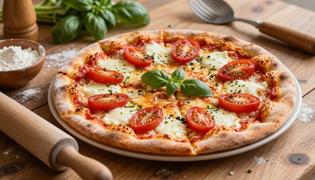 A freshly baked pizza placed on a rustic wooden table, showcasing a golden crust topped with vibrant red tomatoes, melted mozzarella cheese, and a sprinkle of fresh basil. In the foreground, a rolling pin and a small bowl of flour, hinting at the homemade aspect of pizza-making. The middle ground features the pizza sliced into perfect wedges, inviting and delicious. Soft, warm light illuminates the scene, creating a cozy and inviting atmosphere, reminiscent of an Italian kitchen. The background includes a blurred out view of herbs and kitchen utensils, adding depth while keeping the focus on the pizza. The angle is slightly overhead, capturing the entire setup, ideal for an informative cooking section.